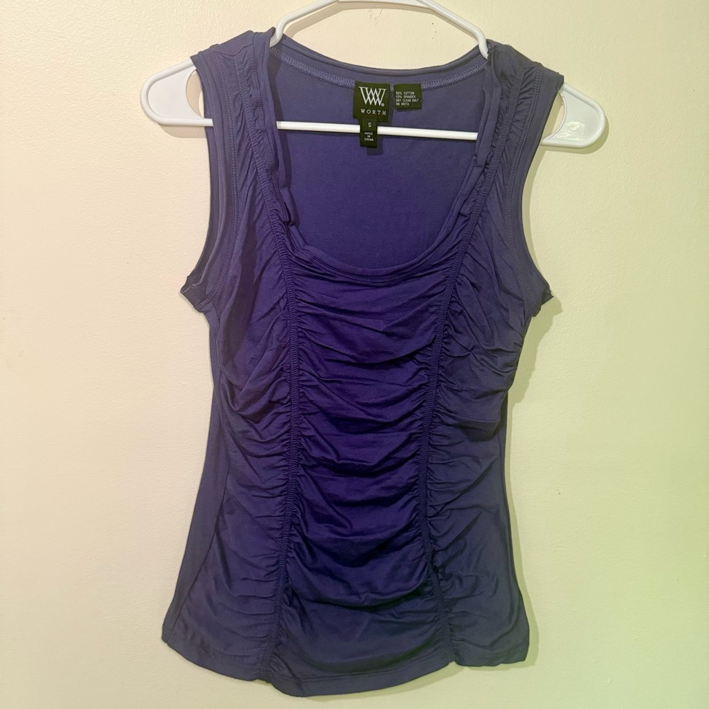 Worth New York Navy Sleeveless Ruched Top, Discontinued Design, Size Small